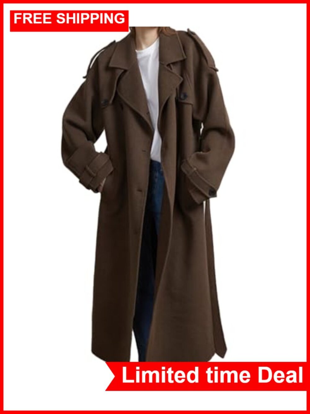 Women's Long Sleeve Double Breasted Maxi Trench Coat Overcoat with Belt